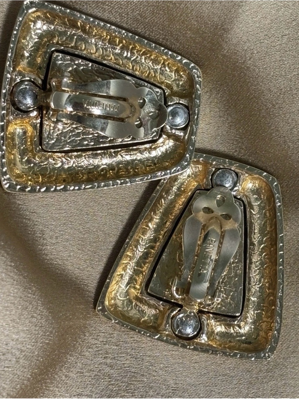 Vintage Panetta Gold & Rhinestone Geometric Ear Clips - Picture 2 of 2